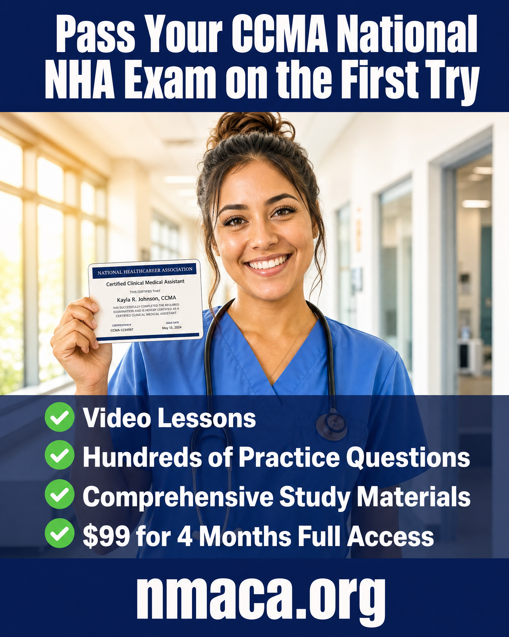 Certified Clinical Medical Assistant holding NHA CCMA certification card - Pass your CCMA exam with NMACA