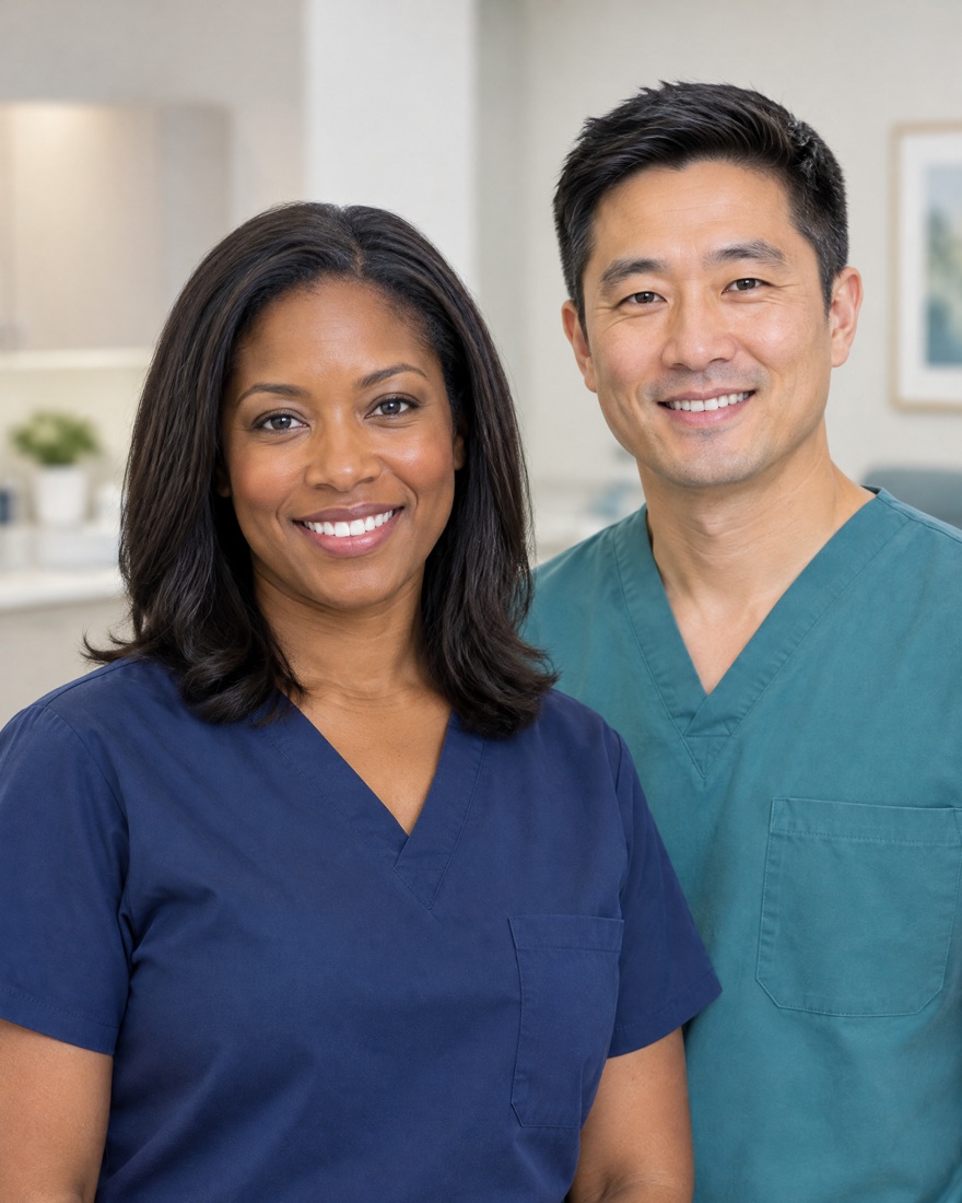 Illustrative healthcare professionals in a modern outpatient clinic